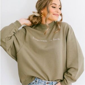 NWT Kristin Made “Happiness is Here” Olive Green Crewneck Sweatshirt - S/M